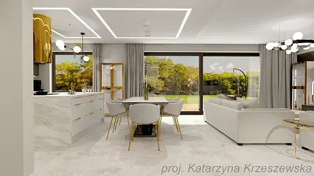 Wnętrze kuchni z białymi meblami, złotymi detalami i minimalistycznym designem.