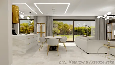 Wnętrze kuchni z białymi meblami, złotymi detalami i minimalistycznym designem.