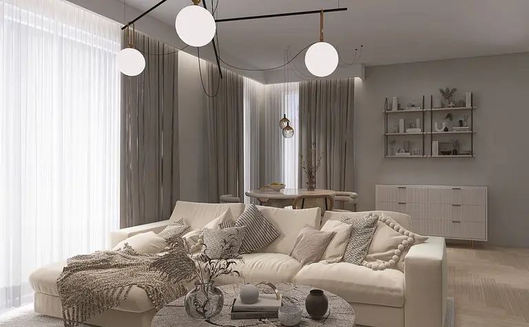 Wnętrze salonu w stylu boho, minimalistycznym i soft minimalizm, z jasną sofą i drewnianym stołem.