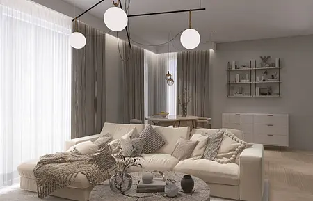 Wnętrze salonu w stylu boho, minimalistycznym i soft minimalizm, z jasną sofą i drewnianym stołem.