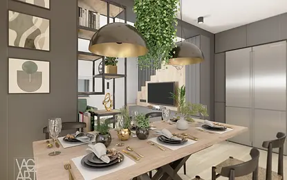 Jadalnia w stylu industrialnym z drewnianym stołem i roślinami.