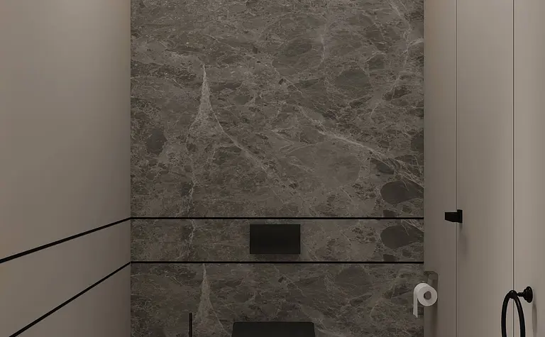 Minimalistyczna toaleta w stylu nowoczesnym z szarymi płytkami i czarnym WC.