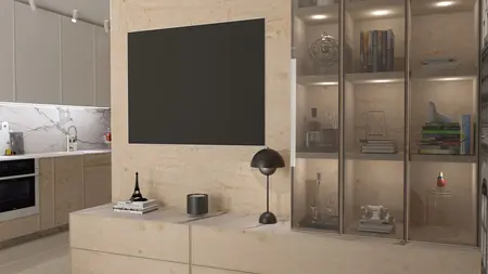 Wnętrze kuchni w stylu skandynawskim z drewnianymi meblami i szarym blatem.