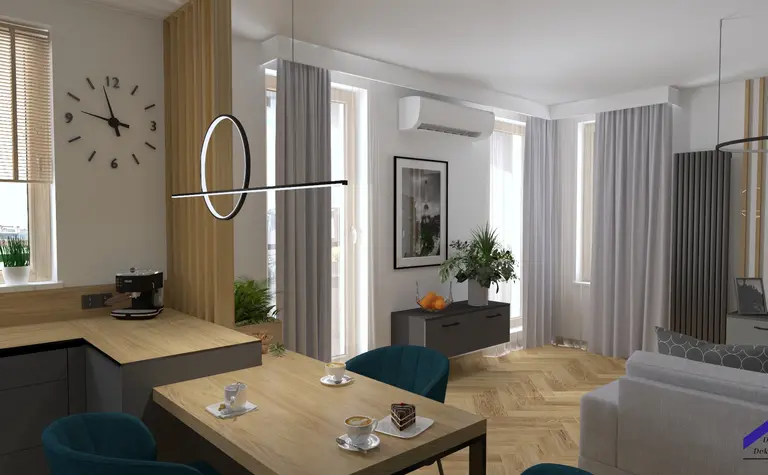 Wnętrze z elementami dopamine decor, japandi, nowoczesnym, soft minimalizmem i współczesnym.