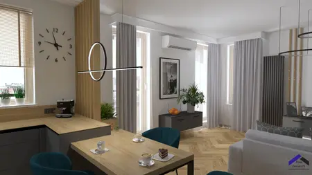 Wnętrze z elementami dopamine decor, japandi, nowoczesnym, soft minimalizmem i współczesnym.