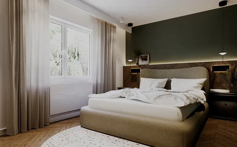 Wnętrze sypialni w stylu eklektycznym i skandynawskim z zieloną ścianą i beżowym łóżkiem.