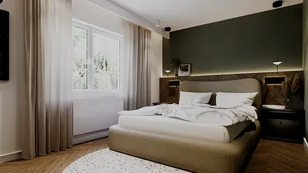 Wnętrze sypialni w stylu eklektycznym i skandynawskim z zieloną ścianą i beżowym łóżkiem.