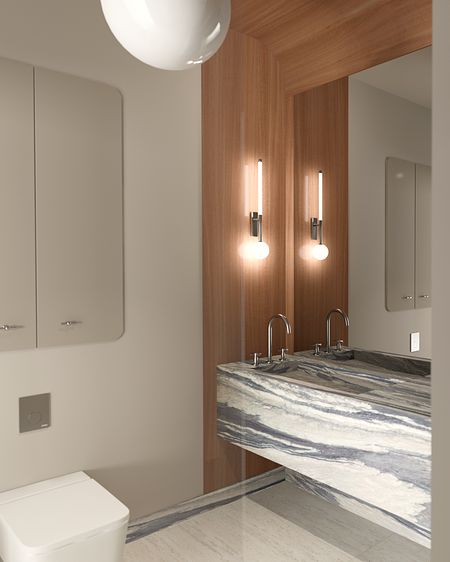 Wnętrze łazienki z marmurową umywalką, drewnem i minimalistycznym stylem.