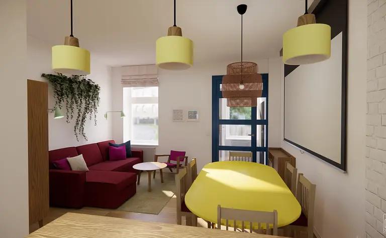 Wnętrze salonu z czerwonymi akcentami, żółtym stołem i roślinami w stylu dopamine decor, eklektycznym, skandynawskim.
