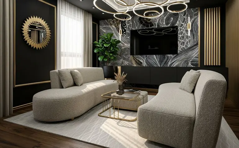 Wnętrze salonu glamour z jasnymi sofami, czarną ścianą i nowoczesnym oświetleniem.