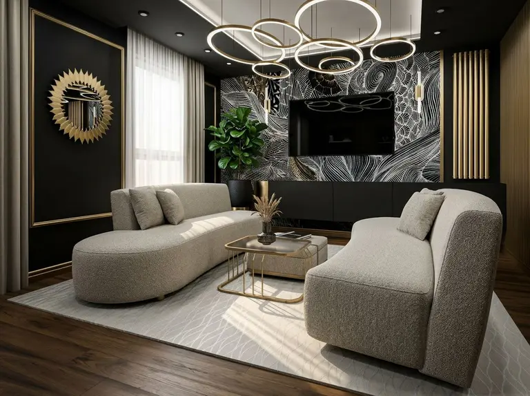 Wnętrze salonu glamour z jasnymi sofami, czarną ścianą i nowoczesnym oświetleniem.
