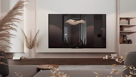 Minimalistyczne wnętrze salonu z telewizorem i roślinami dekoracyjnymi.