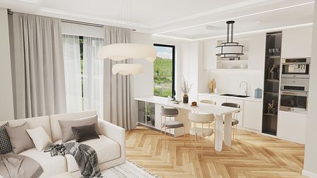 Nowoczesna kuchnia z beżowymi meblami i drewnianą podłogą