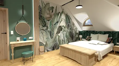 Sypialnia z drewnianym łóżkiem, zieloną ścianą i roślinnym muralem w stylu rustykalnym.