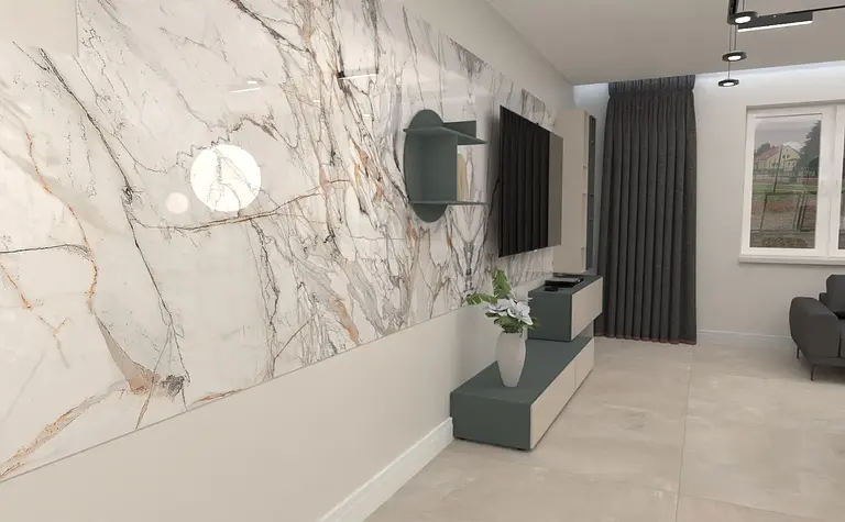 Wnętrze z białą ścianą, szarymi meblami i roślinami, styl dopamine decor, industrialny, japandi, minimaluxe, nowoczesny, quiet luxury, współczesny.