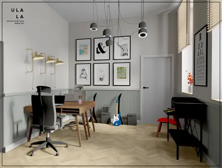 Wnętrze biura w stylu vintage z drewnianym biurkiem i szarymi ścianami