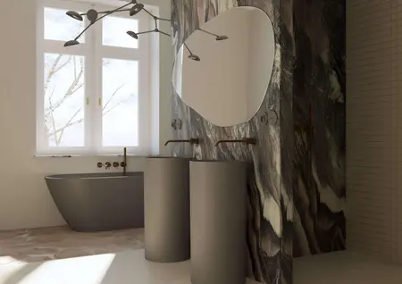 Wnętrze łazienki z wanną, okrągłym lustrem i marmurową ścianą. Styl quiet luxury i soft minimalizm.