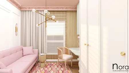 Wnętrze z różową sofą, biurkiem, drewnianą podłogą, styl art deco, boho, minimalistyczny.
