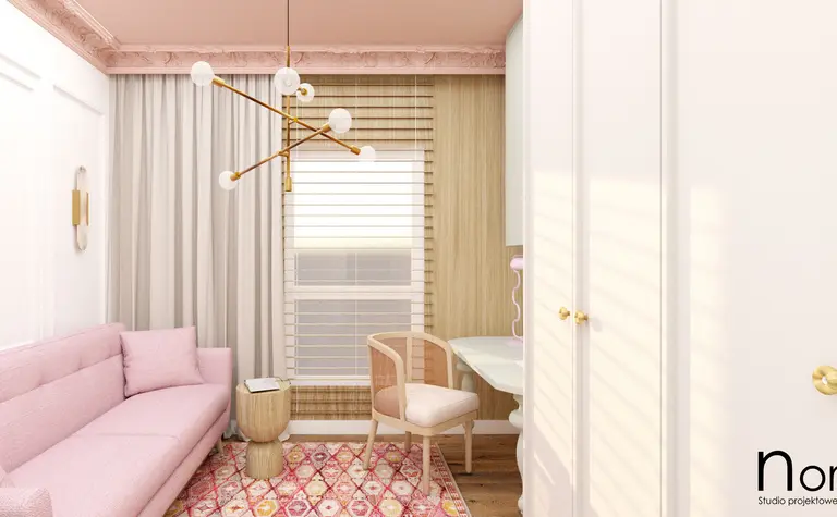 Wnętrze z różową sofą, biurkiem, drewnianą podłogą, styl art deco, boho, minimalistyczny.