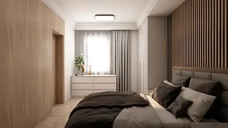 Wnętrze sypialni z nowoczesnym designem, drewnianą ścianą i białą komodą.