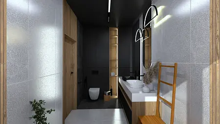Wnętrze nowoczesnej łazienki z drewnianymi elementami, umywalką i lustrem.