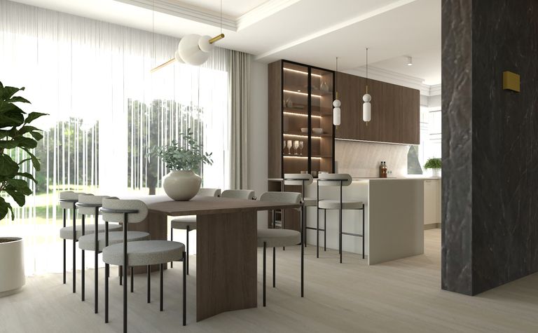 Wnętrze jadalni z minimalistycznym designem, nowoczesnym stołem i soft minimalizmem.