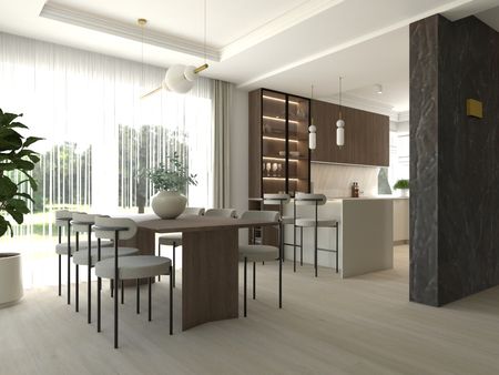Wnętrze jadalni z minimalistycznym designem, nowoczesnym stołem i soft minimalizmem.