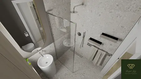 Nowoczesna łazienka z prysznicem, toaletą i minimalistycznymi akcesoriami