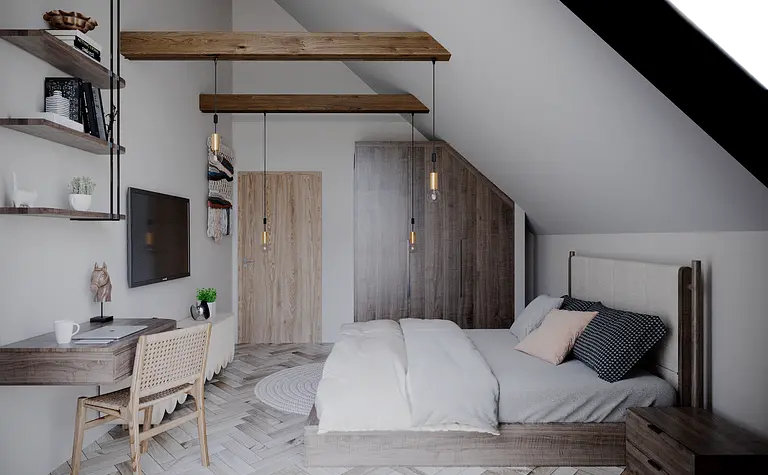 Wnętrze poddasza w stylu boho, japandi i minimalistycznym z drewnianymi meblami.