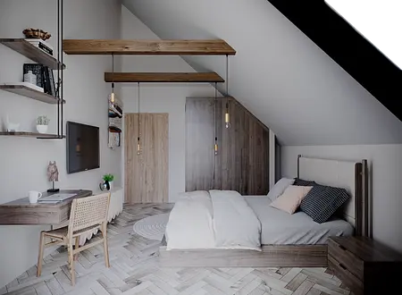 Wnętrze poddasza w stylu boho, japandi i minimalistycznym z drewnianymi meblami.
