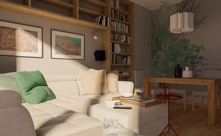 Wnętrze salonu z jasnymi meblami, drewnianym stołem i eklektycznymi akcentami.