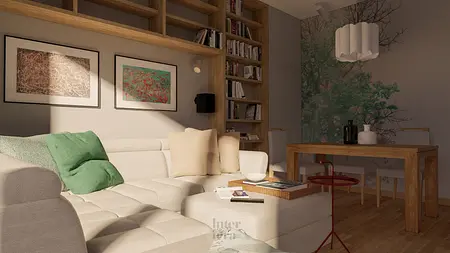 Wnętrze salonu z jasnymi meblami, drewnianym stołem i eklektycznymi akcentami.