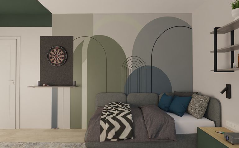 Wnętrze pokoju z szaro-białą ścianą, zielonym sufitem i dartem, styl nowoczesny.
