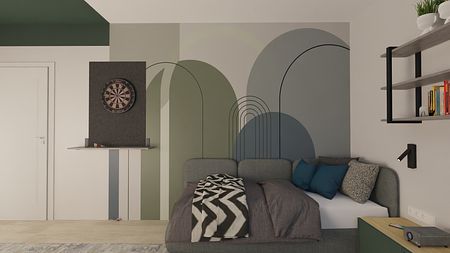 Wnętrze pokoju z szaro-białą ścianą, zielonym sufitem i dartem, styl nowoczesny.