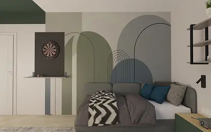 Wnętrze pokoju z szaro-białą ścianą, zielonym sufitem i dartem, styl nowoczesny.