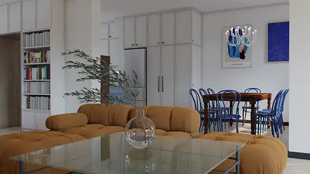 Wnętrze jadalni w stylu art deco i eklektycznym z brązowym stołem i niebieskimi krzesłami.