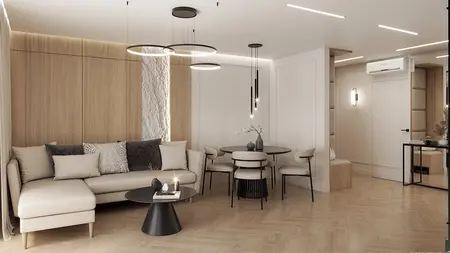Wnętrze salonu z nowoczesnym oświetleniem i drewnem.