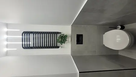 Toaleta z szarymi płytkami, białą toaletą i rośliną w doniczce, minimalistyczny design.
