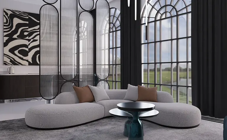 Wnętrze salonu w stylu art deco z minimalistycznym fotelem i glamour dodatkami.