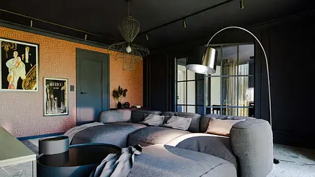 Wnętrze salonu w stylu art deco z szarym narożnikiem i czarnymi detalami.