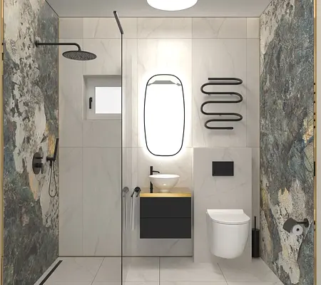 Wnętrze łazienki w stylu dopamine decor, industrialnym i minimalistycznym z nowoczesnymi akcesoriami.