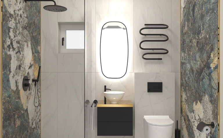 Wnętrze łazienki w stylu dopamine decor, industrialnym i minimalistycznym z nowoczesnymi akcesoriami.