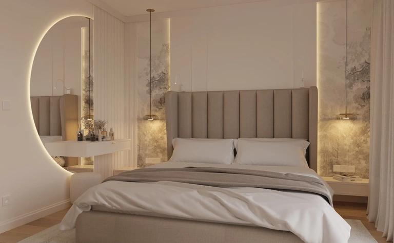 Sypialnia w stylu quiet luxury z beżowym łóżkiem i nowoczesnym oświetleniem.