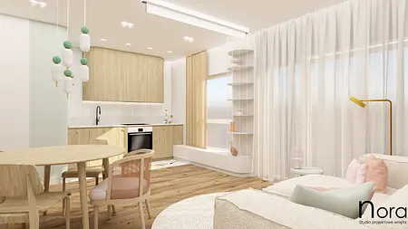 Wnętrze kuchni w stylu art deco, boho i minimalistycznym z drewnianymi elementami.