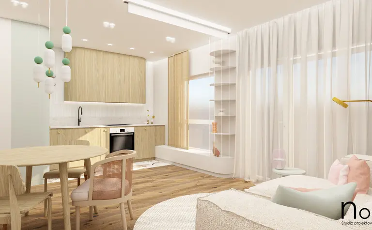 Wnętrze kuchni w stylu art deco, boho i minimalistycznym z drewnianymi elementami.