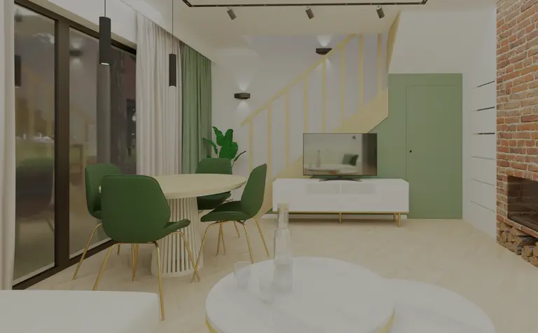 Salon z zielonymi krzesłami, białym stołem i ceglaną ścianą w stylu glamour.