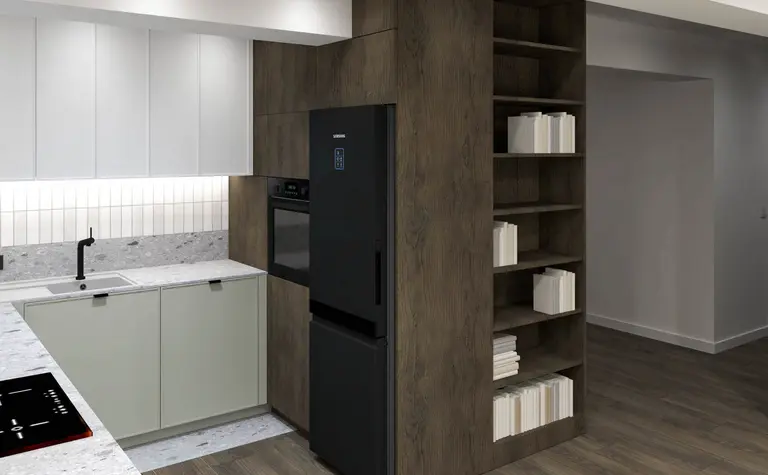 Nowoczesna kuchnia z minimalistycznym designem, drewnianymi akcentami i białymi meblami.