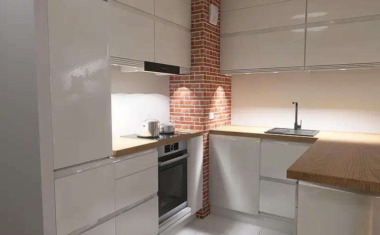 Kuchnia z białymi meblami, ceglaną ścianą i drewnianym blatem. Styl industrialny i nowoczesny.