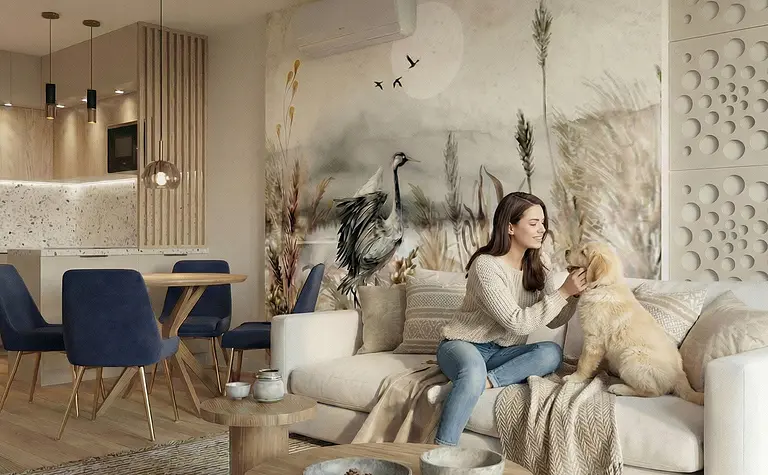 Wnętrze salonu w stylu minimalistycznym z jasnymi meblami i nowoczesnymi detalami.