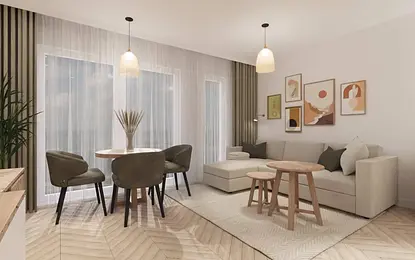 Wnętrze salonu w stylu boho i nowoczesnym z jasnymi meblami i drewnianymi detalami.